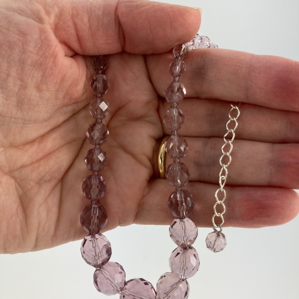 Vintage Purple Crystal Choker Necklace, Round Lavender Crystals, 15" + 2". - Picture 10 of 12